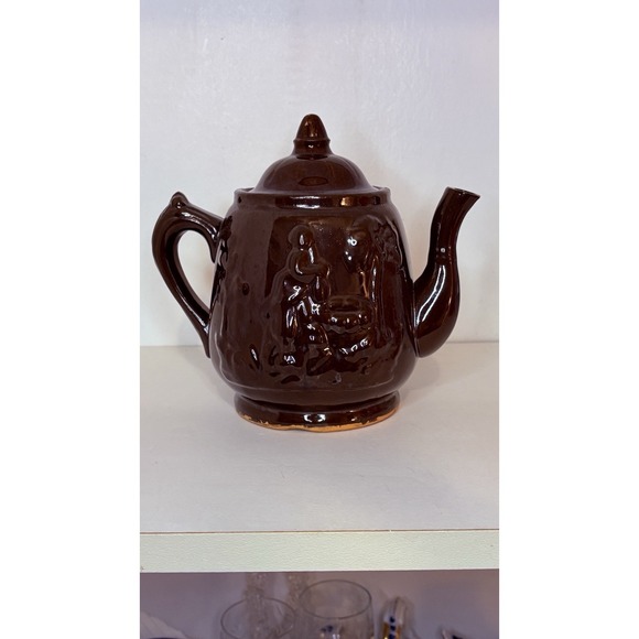 The Unbranded Brand Other - Rockingham Teapot-Rebecca at the Well Relief Raised Clay Brown Glaze Antique 7"